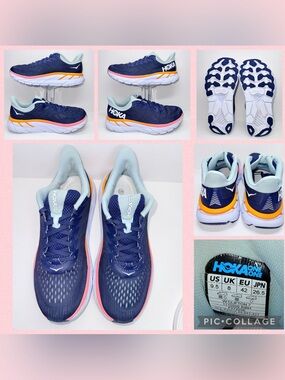 Hoka CLIFTON 7 Navy Blue Sneakers with Coral and Orange Accents